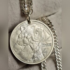 .999 Fine Silver 1/4th Oz Grizzle Bear Pendant / AMULET - New - 30mm - 8g Silver